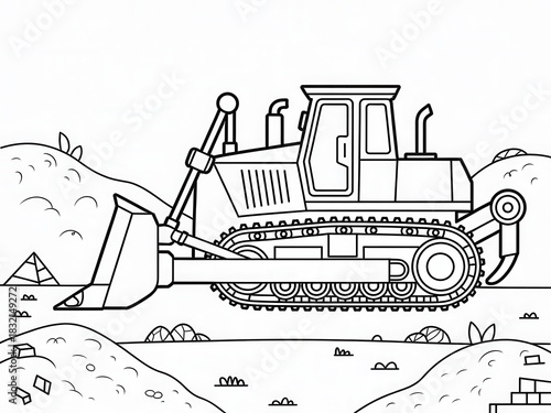 Detailed Black and White Line Art of Massive Tracked Bulldozer Pushing Rock Piles on Rugged Hilly Construction Terrain