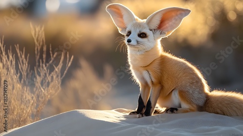 Fennec fox sitting in desert landscape