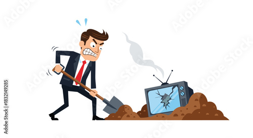 Angry businessman digging a grave for a broken television set with a shovel.