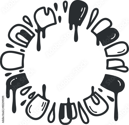 A circular arrangement of various spatulas in black and white minimalist vector style, perfect for culinary branding and kitchen design