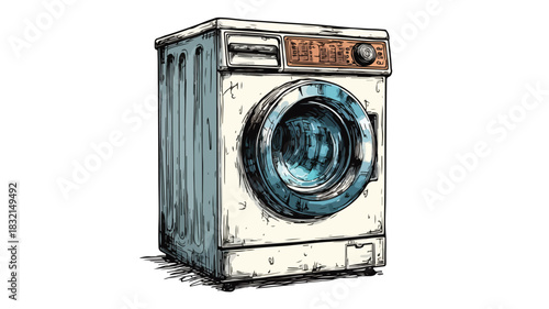 Modern Washing Machine with Transparent Window and Illuminated Interior Drawing