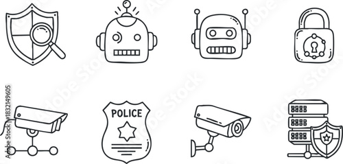 A collection of security and surveillance icons including robots, cameras, shields, and locks in outline vector style, perfect for technology and safety projects