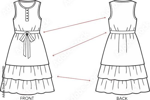 Fashion flat sketch of a sleeveless tiered dress with button placket and tie belt, front & back