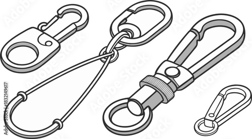 Set of various quick release carabiners, snap hooks, and key chain components vector illustration