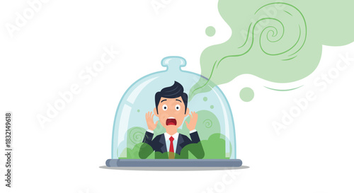 Man trapped under glass dome with green gas and a horrified expression.