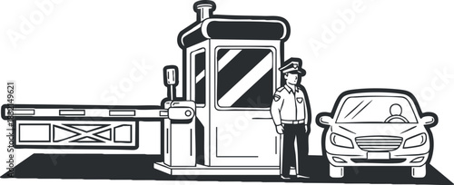 A security guard at a checkpoint with a car in minimalist black and white vector style, suitable for safety and access control designs