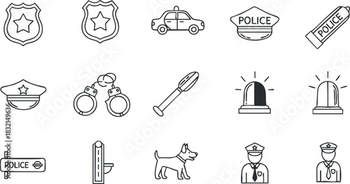 A collection of police-themed icons including badges, cars, handcuffs, and officers in a simple outline vector style, ideal for law enforcement graphics