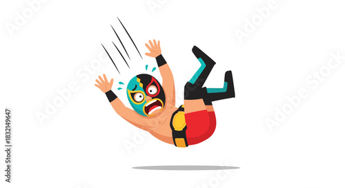 Cartoon luchador wrestler falling down with mask and red shorts.