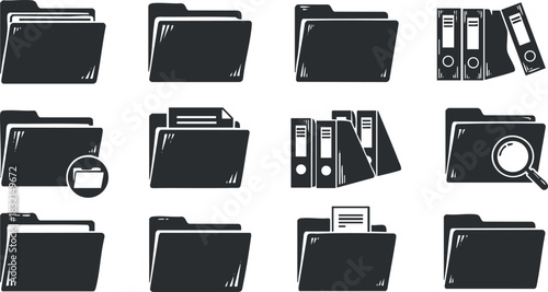 A collection of various folder and file icons in black and white minimalist vector style, ideal for digital storage and organization themes