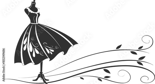 Elegant black silhouette evening dress on a classic mannequin with decorative floral swirl elements