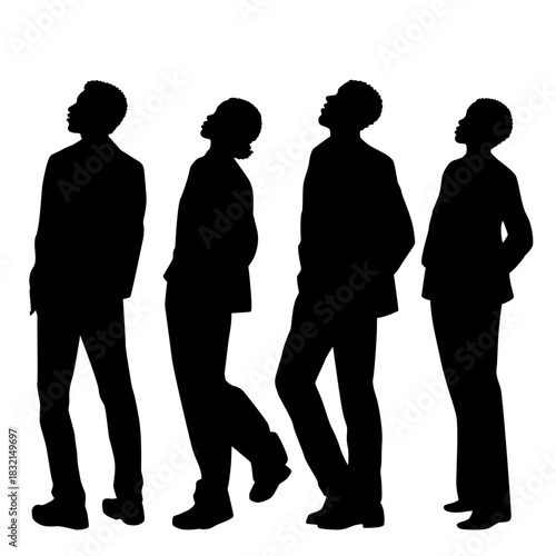 Four people, men and women, standing looking up, vector silhouettes of business people in jackets and trousers, profile, black color, isolated on white background