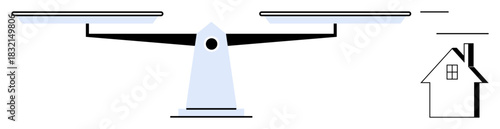 Balanced scale with two pans and a house outline symbolizing financial choices, equity, responsibility, and weighing priorities. Ideal for law, justice, finance, real estate, decision-making