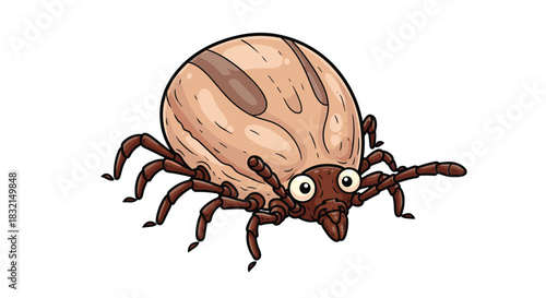 Cartoon illustration of a tick with tan colored body and brown legs and eyes on a white background.