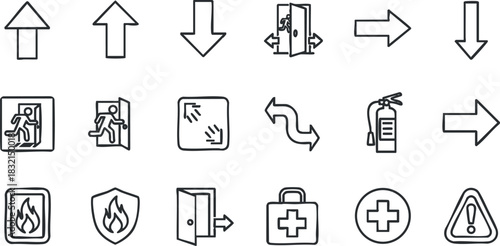A collection of emergency exit and safety icons in black and white outline vector style, suitable for safety signage and emergency preparedness