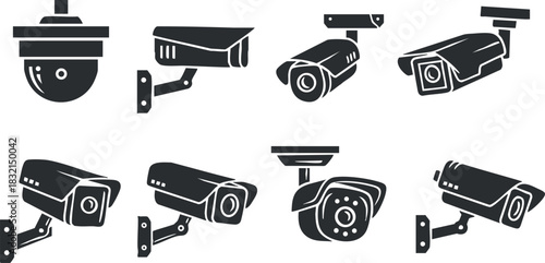 A collection of various security camera designs in black and white vector style, suitable for technology and safety projects