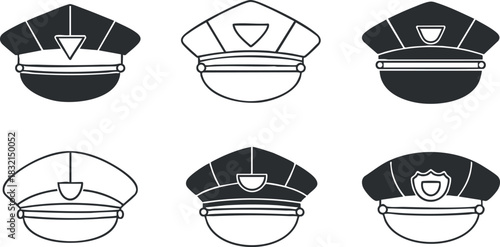 A set of police officer hats in black and white outline vector style, ideal for law enforcement graphics and designs