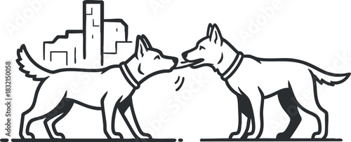 Two playful dogs interacting in a minimalist black and white vector style, ideal for pet-related branding and design.