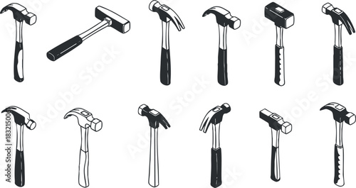 A collection of various hammer illustrations in black and white outline vector style, ideal for construction and DIY projects
