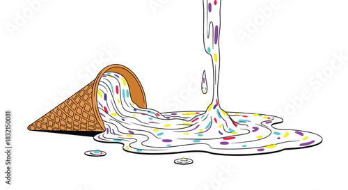 A melting ice cream cone with colorful sprinkles spilling onto a white background.
