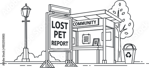 A community lost pet report board with a sign and surrounding elements in black and white outline vector style, ideal for public awareness campaigns