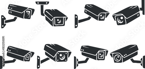 A collection of various security cameras in black and white vector style, suitable for technology and security design projects