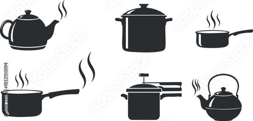 A set of cooking pots and kettles with steam in black silhouette vector style, perfect for culinary designs and kitchen themes
