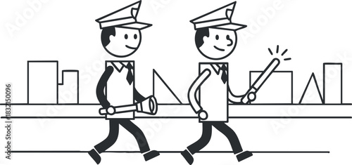 Two police officers walking together in a black and white cartoon vector style, ideal for community safety themes