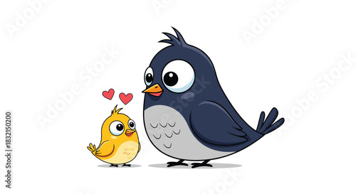 Cute cartoon illustration of a large adult bird looking lovingly down at a small yellow chick with hearts floating between them.