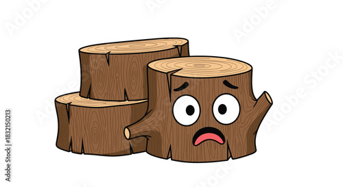 A sad cartoon wood stump with big eyes and mouth, looking distressed.