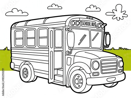 Cartoon Outline Drawing of School Bus Parked in Grassy Green Field Under Fluffy Clouds Coloring Page for Kids