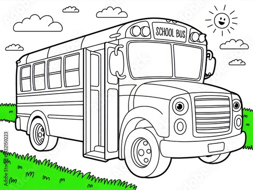 Cartoon Outline Drawing of School Bus Parked on Grassy Roadside in Sunny Field with Fluffy Clouds Coloring Page