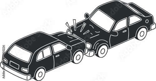 A vector illustration of two cars involved in a collision in black and white outline style, ideal for safety and insurance materials