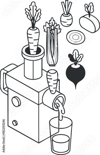 A vegetable juicer with carrots, celery, and beetroots in minimalist outline vector style, perfect for health and wellness branding