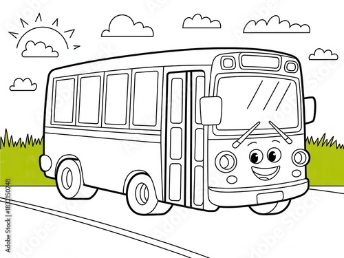 Cartoon Outline of Friendly Smiling School Bus on Grassy Field with Sunny Sky Clouds and Road Line Art Coloring Page