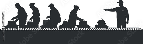 A silhouette of workers packing items on a conveyor belt in a modern vector style, ideal for logistics and warehouse illustrations