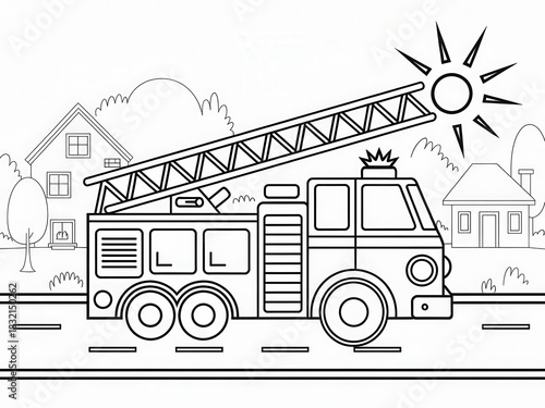Cartoonish Black and White Line Art Fire Engine Truck with Long Extended Ladder Large Circular Wheels Flashing Lights Sunny Neighborhood Street Houses Background Coloring Page Illustration