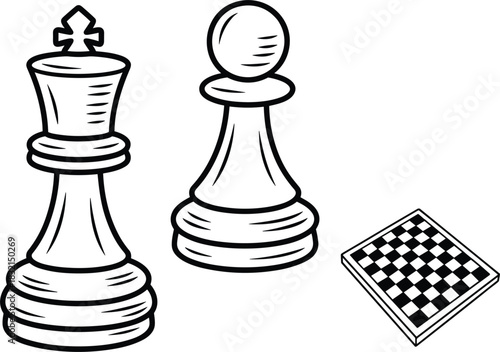 Black and white outline illustration of chess king pawn and small chessboard game