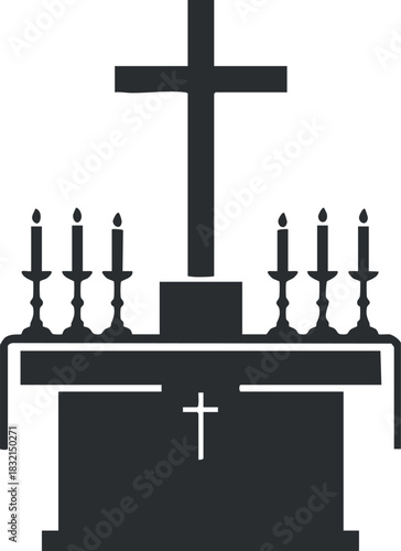 A silhouette of a church altar with candles and a cross in minimalist black and white vector style, suitable for religious and spiritual design