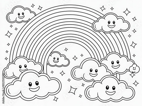 Cartoon Outline of Vibrant Rainbow Arched with Adorable Smiling Clouds Happy Faces Sparkling Stars Kids Coloring Page