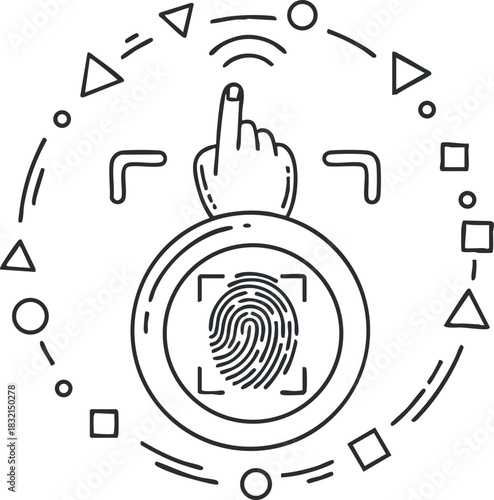 A fingerprint scanner with a finger touching it in modern outline vector style, suitable for technology and security applications