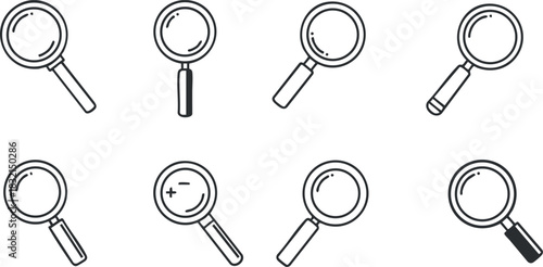 A set of magnifying glass icons in black outline vector style, ideal for search and investigation themes