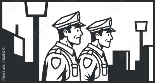 A pair of police officers standing side by side in black and white graphic vector style, suitable for community safety themes