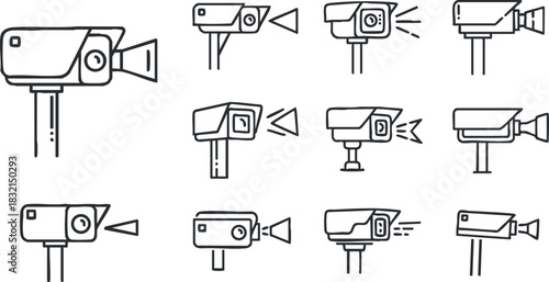 A collection of various video camera icons in outline style, suitable for technology and surveillance applications