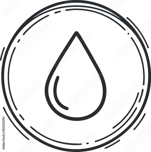 An outline of a water drop inside a circular frame in minimalist vector style, suitable for eco-friendly branding and design