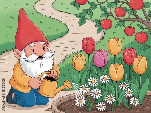 Charming Whimsical Garden Gnome with Red Hat and White Beard Watering Colorful Tulips Daisies in Lush Flower Bed Beside Apple Tree Path