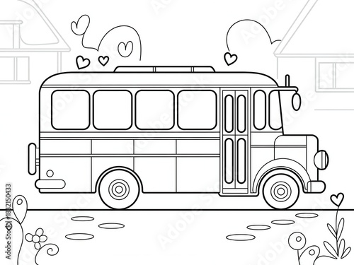 Charming Vintage Omnibus Bus Black Outline Coloring Page with Floating Hearts Butterflies Suburban Houses Street Flowers Grass