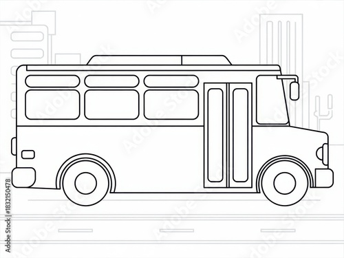 Classic Boxy City Bus Black Outline Line Drawing Ready for Coloring with Urban Street Background