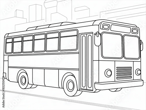 Classic Boxy City Bus Black and White Outline Drawing with Thick Bold Lines Ready for Coloring Book Page Activity