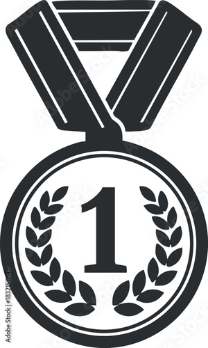 A first place medal with a laurel wreath in black and white vector style, ideal for awards and recognition designs