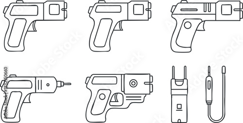 A set of various types of pistols and firearms in black and white outline vector style, ideal for educational or safety materials